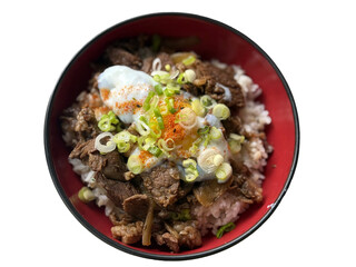 Savor the rich flavors of this rice bowl featuring tender beef, a poached egg, and fresh green onions, all served in a vibrant red bowl with attention to presentation and texture.