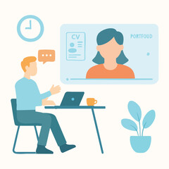 Flat Style Person Having Online Video Call Meeting Interview Illustration