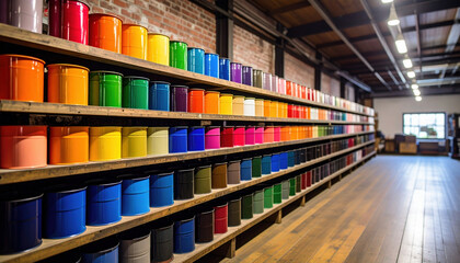 Vibrant palette of paint barrels, each showcasing spectrum of colors, lines shelves in industrial setting, creating lively and artistic atmosphere