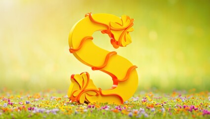 Cheerful Letter S in a Spring Meadow: Vibrant Yellow Alphabet with Orange Accents and Blooming Flowers - Perfect for Education, Design, and Creative Projects