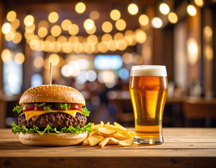 Delicious burger with cheese, fresh lettuce, and tomatoes sits next to cold glass of beer and crispy chips, creating warm and inviting atmosphere in cozy cafe