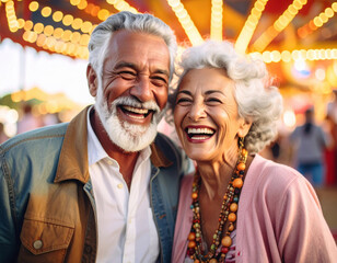 Vibrant scene of joy unfolds as cheerful gray haired couple smiles widely, their eyes crinkling with happiness under colorful lights