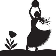 Silhouette of a woman holding a ball above her head next to a flower on a white background art