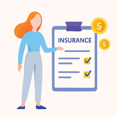 Flat Style Woman Explaining Insurance Policy Benefits with Gold Coins Illustration