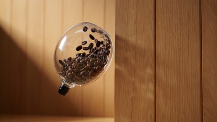 Coffee Beans in Clear Glass Container with Dynamic Splash and Wooden Background - Fresh Brew, Aroma, and Caffeine Concept