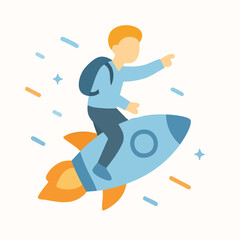 Flat Style Happy Boy Ride Rocket Launching to the Sky Illustration