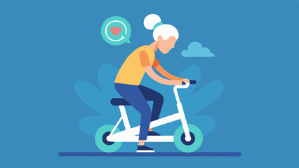 An older person riding a stationary bike with determination with a caption reading Cycling has been shown to improve brain function and even help prevent memory decline in seniors.. Vector