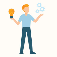 Flat Character Thinking Idea Generation Concept with Lightbulb and Gears