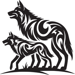 Two wolves walking side by side with tribal patterns in black and white on a white background design