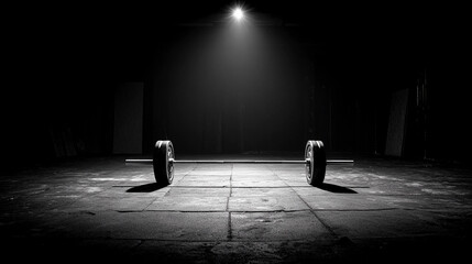 Weightlifting barbell in an empty gym during a dark atmosphere