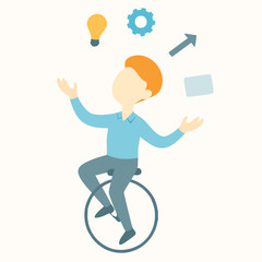 Flat Style Detailed Man on Unicycle Juggling Business Ideas Illustration