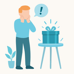 Flat Illustration Man Shocked Seeing a Surprise Gift on Table
