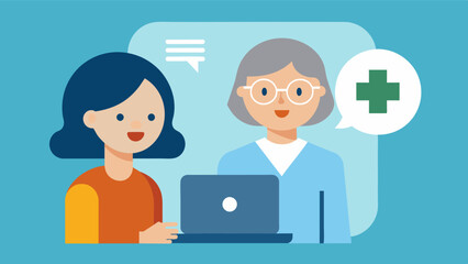 Fototapeta premium An illustration of a virtual avatar of a healthcare professional offering advice and guidance to a caregiver with a caption that reads Virtual caregiver support from trained. Vector illustration