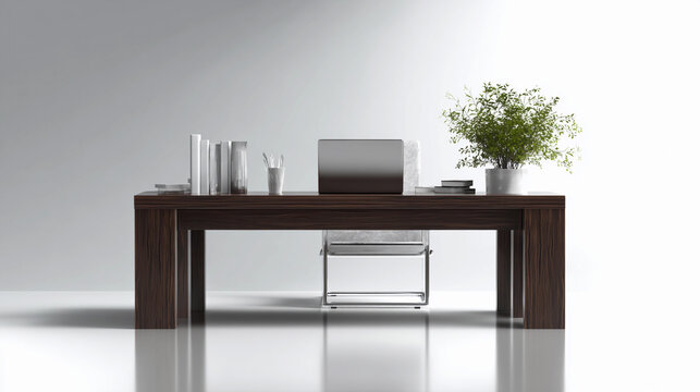 Modern workspace with minimalist design and green plants