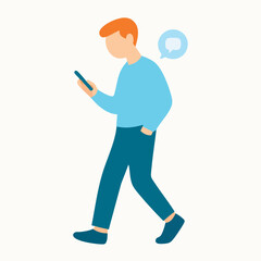 Flat Style Man Walking While Looking at Smartphone Device Illustration