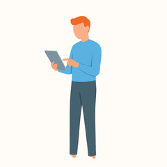 Flat Style Full Body Man Using Tablet Device Character Illustration