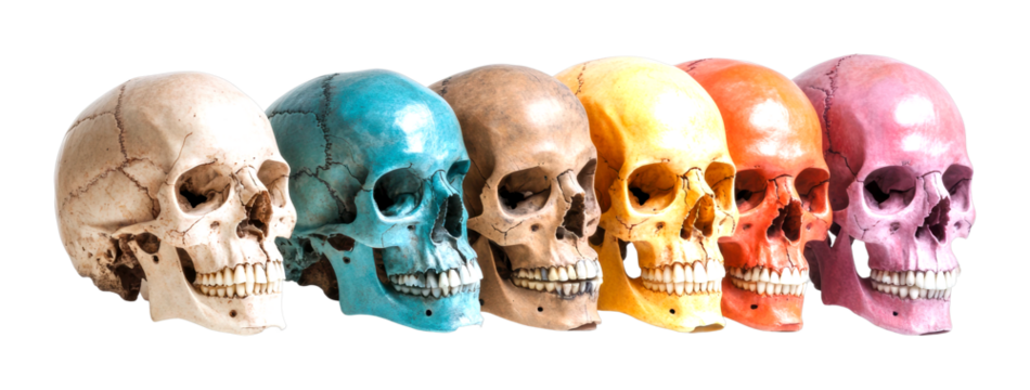 Colorful decorative skulls display art gallery visual art bright setting side aesthetic appeal isolated on transparent background