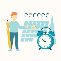 Flat Illustration Man Planning Schedule on Calendar with Clock for Reminder