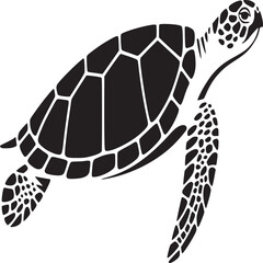 A detailed black and white vector illustration of a sea turtle swimming on a white background space