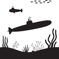 Silhouette illustration of submarines underwater with seaweed and a school of fish above them