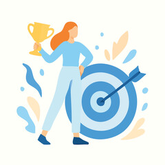 Flat Illustration Woman Holding Trophy Aiming at Target Achieving Goal