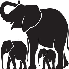 Black silhouette illustration of a family of elephants with a mother and two baby elephants walking