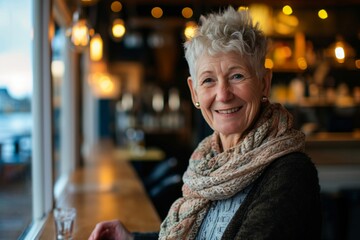 Portrait of smiling senior woman sitting at the bar counter in restaurant