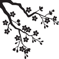 A black silhouette of a flowering branch with blossoms and buds on a white background in the corner
