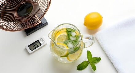 Refreshing summer setup with jug of lemon water, fan, and thermometer showing 35°C. Concept of extreme heat, hydration, cooling down, and staying healthy during hot weather at home.