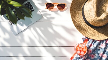 Flat lay of summer vacation essentials: laptop, sunglasses, straw hat, floral dress, and cocktail on white wooden table. Concept of remote work, relaxation, and tropical getaway lifestyle.