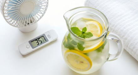 Refreshing summer setup with jug of lemon water, fan, and thermometer showing 35°C. Concept of extreme heat, hydration, cooling down, and staying healthy during hot weather at home.