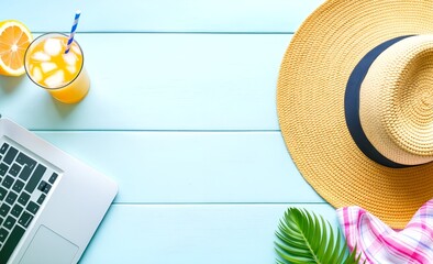 Colorful summer flat lay with laptop, straw hat, tropical leaf, pink towel and orange juice on blue wood table. Concept of online vacation planning, work-life balance and sunny relaxation.