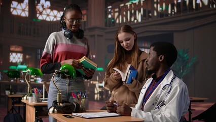 Diverse group of pupils in a library discuss with a medic resident, preparing for a new lecture at med school. Using medical books and materials to gain expertise in microbiology. Camera B.
