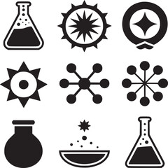 Collection of black and white science and esoteric symbols arranged in a grid pattern on white background