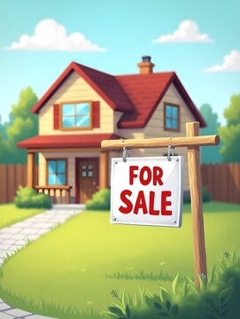 For sale sign in front of suburban house on sunny day
