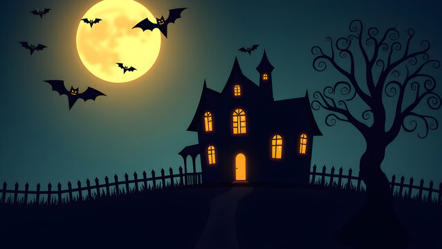 Spooky Halloween background Haunted House with Full Moon and Bats Illustration