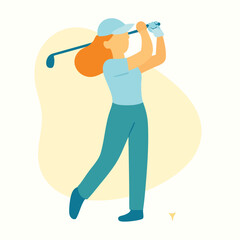 Flat Style Female Golfer Swinging Club in Modern Sport Illustration