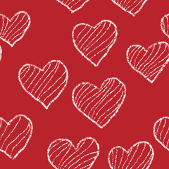 Hearts with diagonal stripes, waves. seamless pattern hand drawn. White chalk doodle symbols on red.