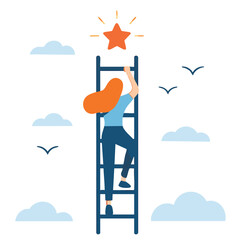 Flat Style Detailed Woman Climbing Ladder Reaching for a Shining Star Illustration