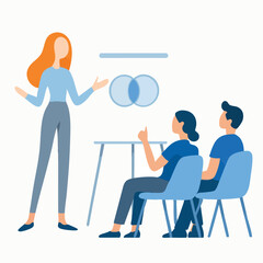 Modern Flat Design Female Presenter Showing Presentation to Audience Illustration