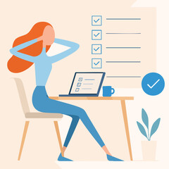 Flat Illustration Woman Completing Task List on Laptop Sitting at Desk