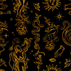 Seamless vintage-style patterns featuring mystical hand-drawn elements such as celestial bodies, flowers, mythical creatures, and sacred symbols. Perfect for textiles, packaging, branding, and spiritu