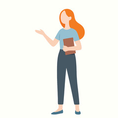 Flat Style Business Woman Holding Book Presentation and Explaining Something Illustration