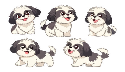 Cute cartoon Shih Tzu dog character set with fluffy black and white fur in various playful poses on transparent background