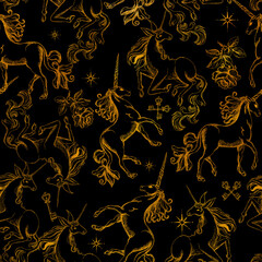 Seamless vintage-style patterns featuring mystical hand-drawn elements such as celestial bodies, flowers, mythical creatures, and sacred symbols. Perfect for textiles, packaging, branding, and spiritu