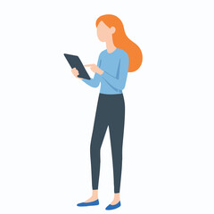 Flat Style Illustration Woman Standing Using Tablet Character Design