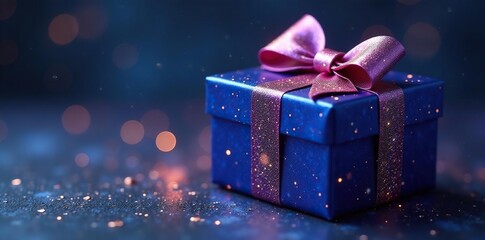 Indigo gift box, shimmering bow, celestial glow, precious, sparkle