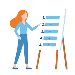 Flat Illustration Woman Presenting Business Data on Whiteboard Presentation Board