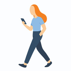 Flat Style Walking Woman Using Mobile Phone Character Illustration
