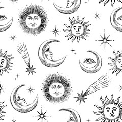 Seamless vintage-style patterns featuring mystical hand-drawn elements such as celestial bodies, flowers, mythical creatures, and sacred symbols. Perfect for textiles, packaging, branding, and spiritu